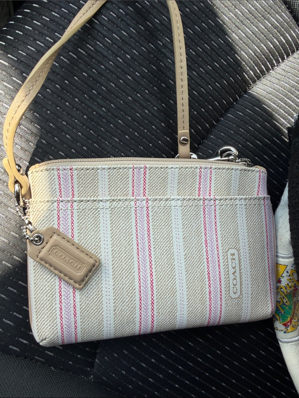 Coach Beige and Pink Stripe Crossbody Wristlet